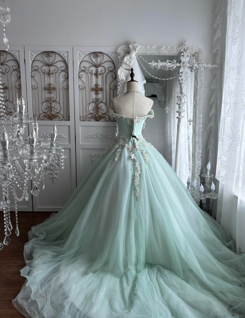 Lovely Off-Shoulder Appliques Prom Dress Green Sequins A-Line Evening Dress GG7349