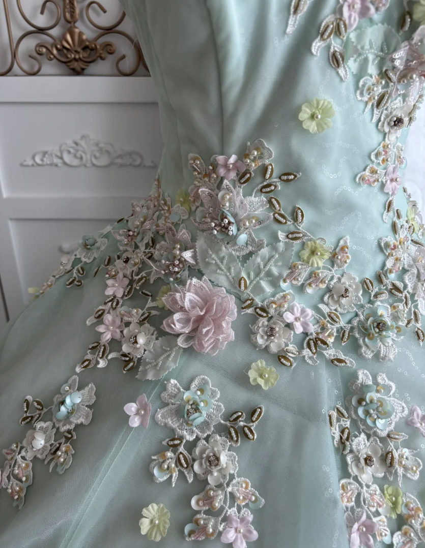 Lovely Off-Shoulder Appliques Prom Dress Green Sequins A-Line Evening Dress GG7349