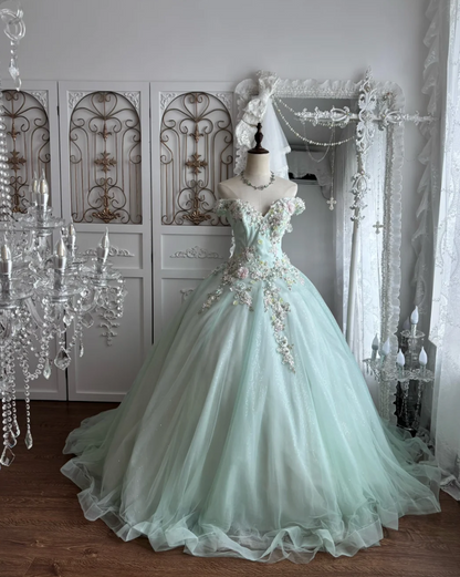 Lovely Off-Shoulder Appliques Prom Dress Green Sequins A-Line Evening Dress GG7349