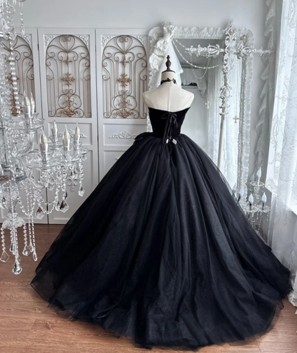 Charming Strapless Black Prom Dress Green Sequins Bow A-Line Evening Dress GG7350