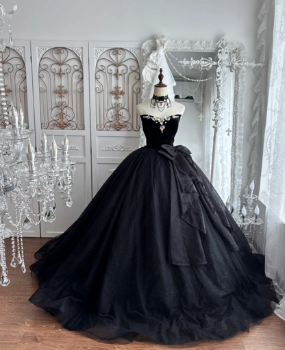 Charming Strapless Black Prom Dress Green Sequins Bow A-Line Evening Dress GG7350