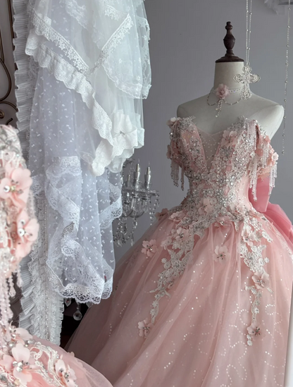 Adorable Off-Shoulder Appliques Prom Dress Pink Beading A-Line Evening Dress GG7351