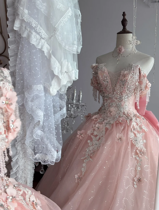 Adorable Off-Shoulder Appliques Prom Dress Pink Beading A-Line Evening Dress GG7351