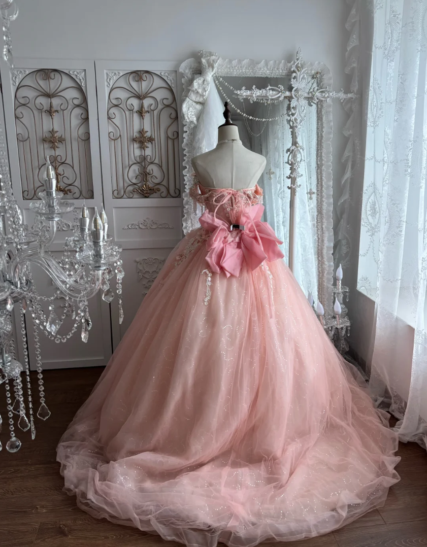 Adorable Off-Shoulder Appliques Prom Dress Pink Beading A-Line Evening Dress GG7351