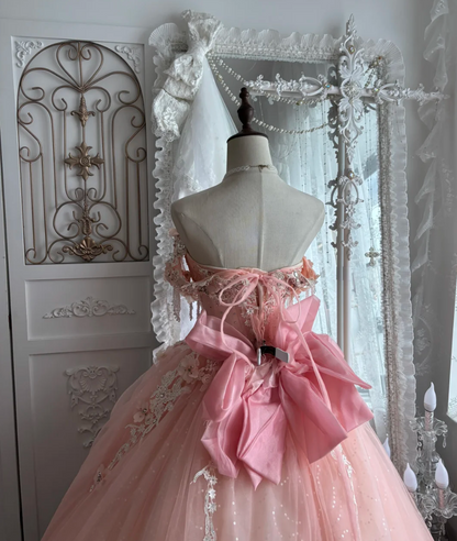 Adorable Off-Shoulder Appliques Prom Dress Pink Beading A-Line Evening Dress GG7351