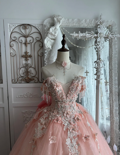 Adorable Off-Shoulder Appliques Prom Dress Pink Beading A-Line Evening Dress GG7351
