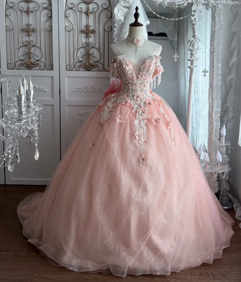 Adorable Off-Shoulder Appliques Prom Dress Pink Beading A-Line Evening Dress GG7351