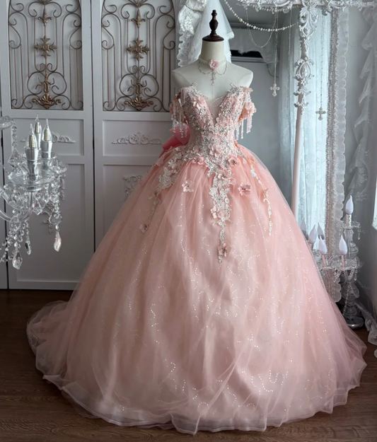 Adorable Off-Shoulder Appliques Prom Dress Pink Beading A-Line Evening Dress GG7351