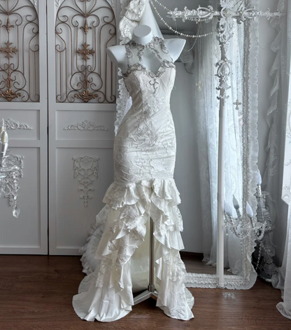 Luxurious Halter Neck Beaded Wedding Dress Sequins Tiered Mermaid Bridal Dress GG7352