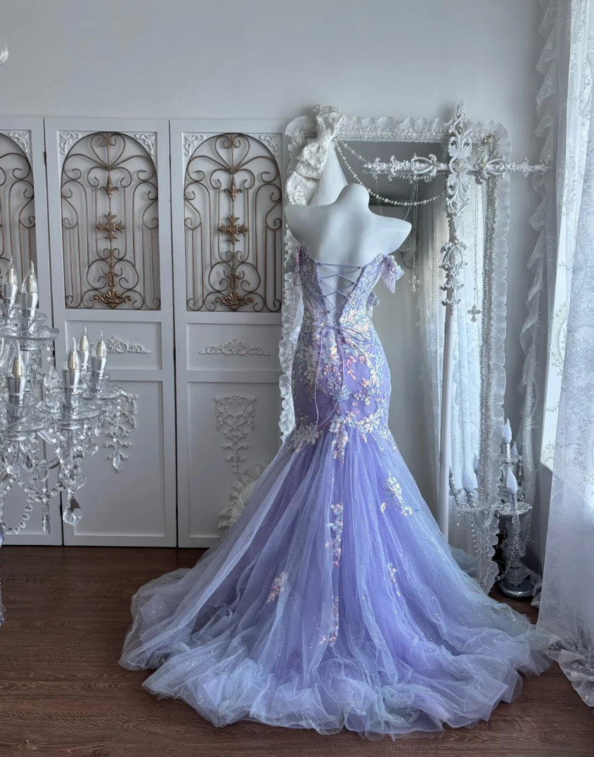 Glittering Off-Shoulder Purple Prom Dress Sequins Tulle Mermaid Evening Dress GG7353