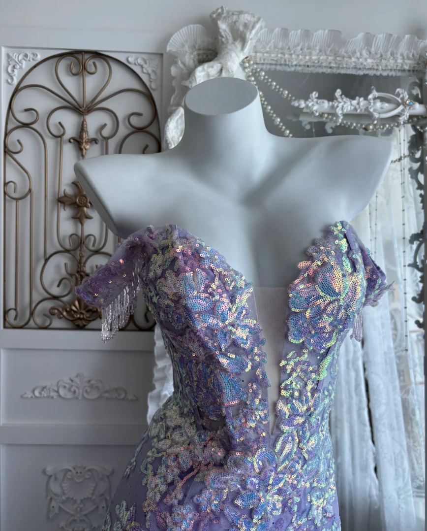 Glittering Off-Shoulder Purple Prom Dress Sequins Tulle Mermaid Evening Dress GG7353