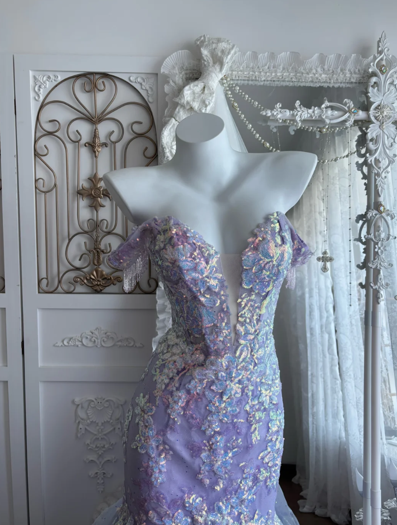Glittering Off-Shoulder Purple Prom Dress Sequins Tulle Mermaid Evening Dress GG7353