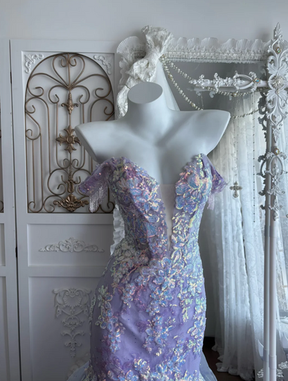Glittering Off-Shoulder Purple Prom Dress Sequins Tulle Mermaid Evening Dress GG7353