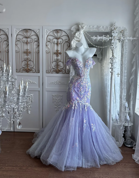 Glittering Off-Shoulder Purple Prom Dress Sequins Tulle Mermaid Evening Dress GG7353