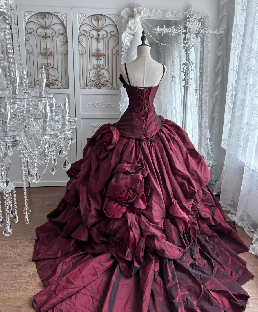 Glam Spaghetti Straps Ruffles Prom Dress Red Sequins Floral A-Line Evening Dress GG7354