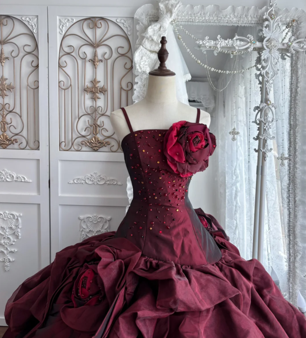 Glam Spaghetti Straps Ruffles Prom Dress Red Sequins Floral A-Line Evening Dress GG7354