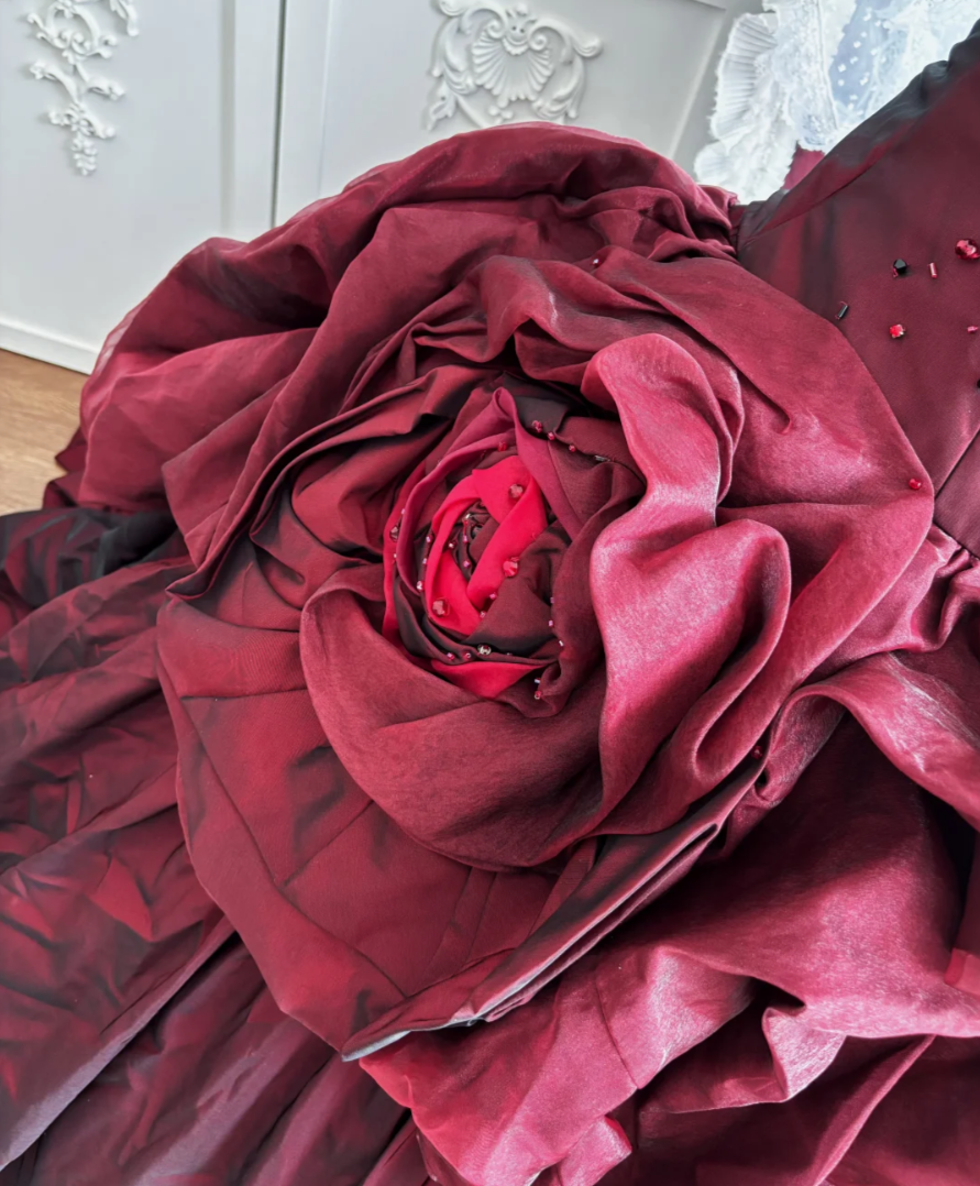 Glam Spaghetti Straps Ruffles Prom Dress Red Sequins Floral A-Line Evening Dress GG7354