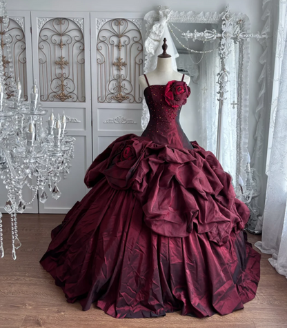 Glam Spaghetti Straps Ruffles Prom Dress Red Sequins Floral A-Line Evening Dress GG7354
