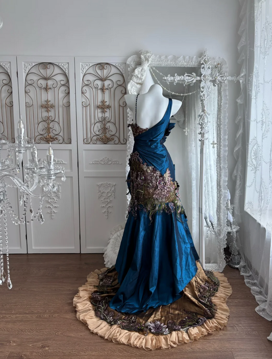 Retro Spaghetti Straps Blue Prom Dress Sequins Appliques Mermaid Evening Dress GG7355