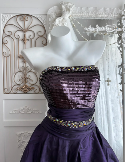 Vintage Strapless Purple Homecoming Dress Sequins Beaded A-Line Birthday Dress GG7356