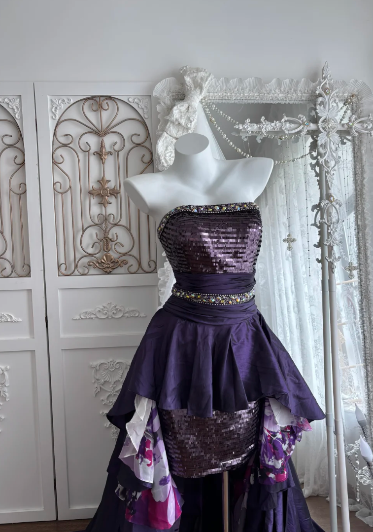 Vintage Strapless Purple Homecoming Dress Sequins Beaded A-Line Birthday Dress GG7356