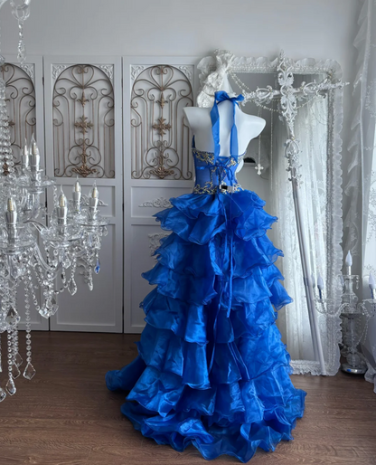 Glamorous Halter Neck Blue Homecoming Dress Ruffles Beaded A-Line Birthday Dress GG7357