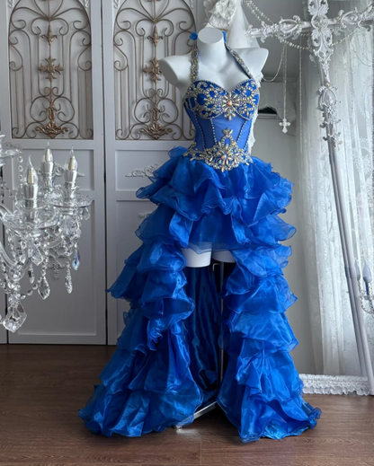 Glamorous Halter Neck Blue Homecoming Dress Ruffles Beaded A-Line Birthday Dress GG7357