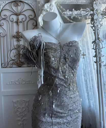 Attractive Strapless Grey Prom Dress Sequins Ruffles Mermaid Evening Dress GG7358