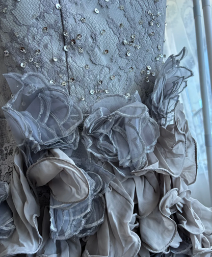 Attractive Strapless Grey Prom Dress Sequins Ruffles Mermaid Evening Dress GG7358