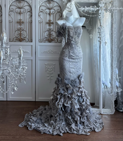 Attractive Strapless Grey Prom Dress Sequins Ruffles Mermaid Evening Dress GG7358