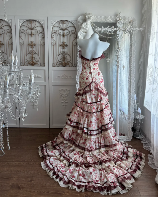 Vibrant Strapless Red Prom Dress Floral Ruffles Mermaid Evening Dress GG7360