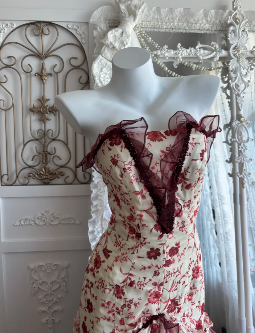 Vibrant Strapless Red Prom Dress Floral Ruffles Mermaid Evening Dress GG7360