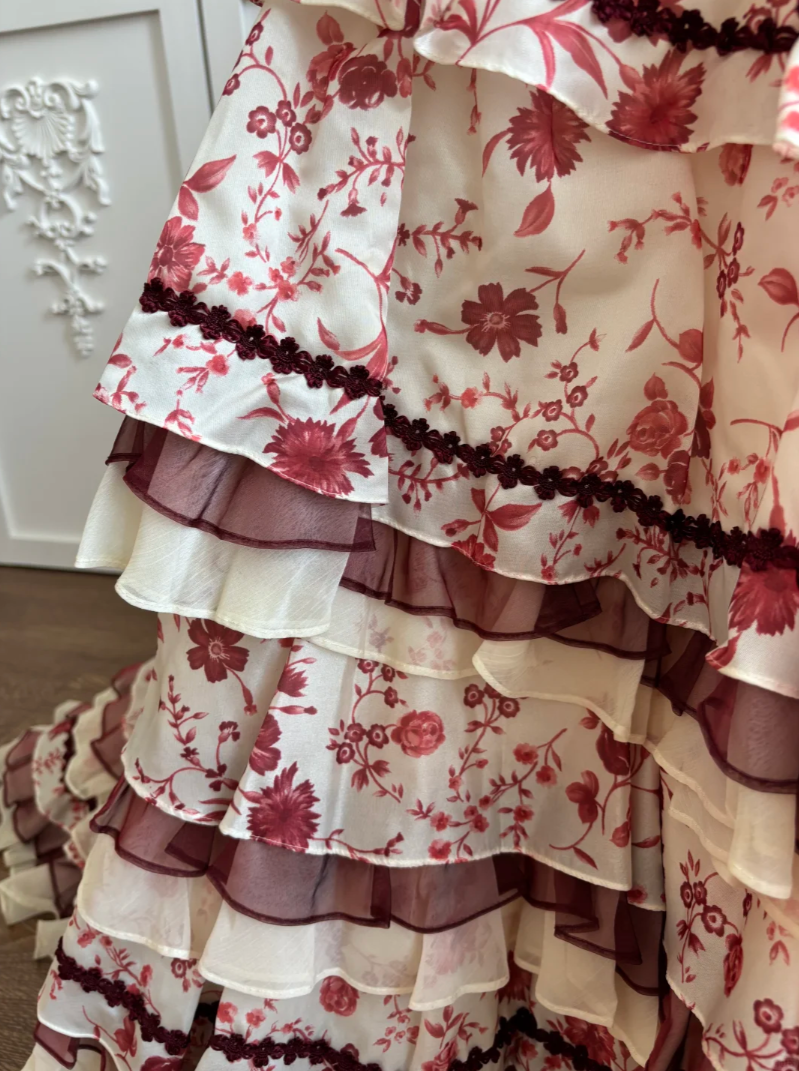 Vibrant Strapless Red Prom Dress Floral Ruffles Mermaid Evening Dress GG7360