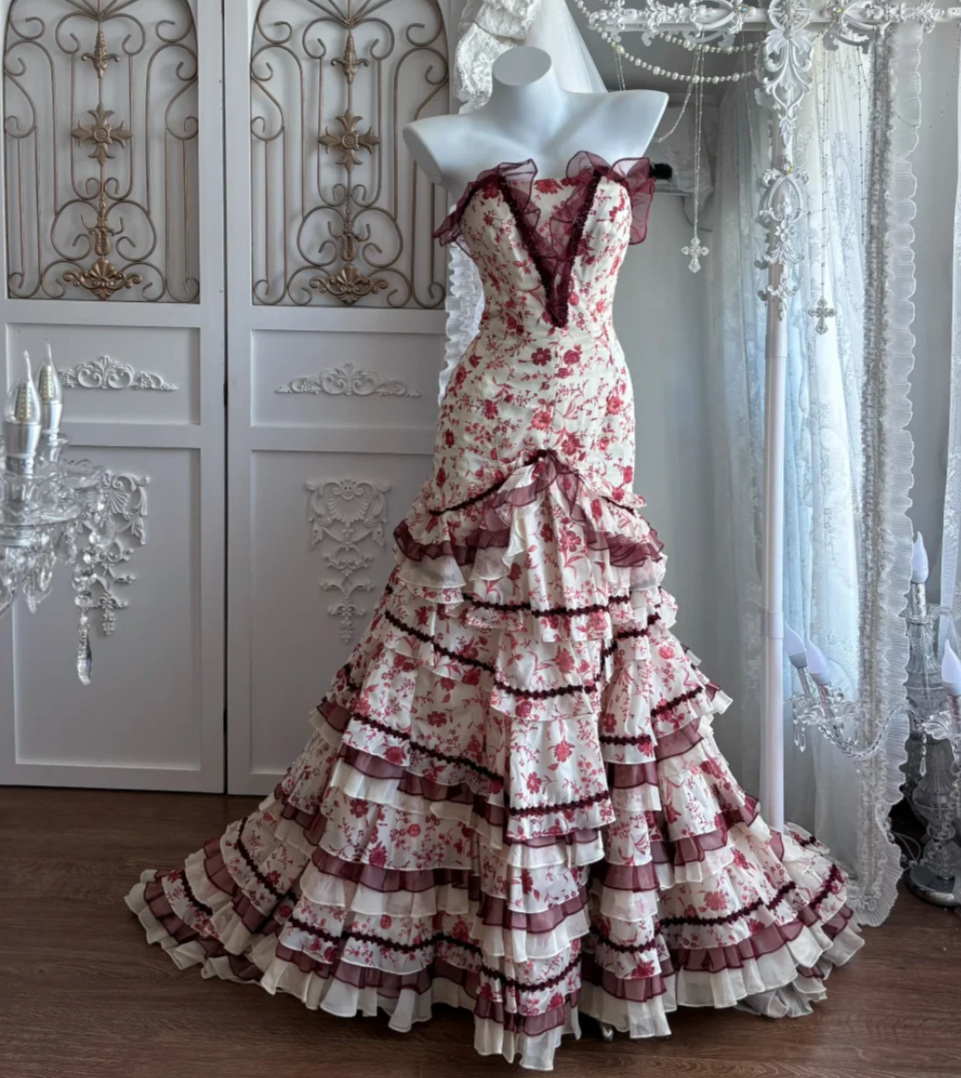 Vibrant Strapless Red Prom Dress Floral Ruffles Mermaid Evening Dress GG7360