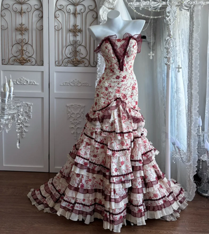Vibrant Strapless Red Prom Dress Floral Ruffles Mermaid Evening Dress GG7360