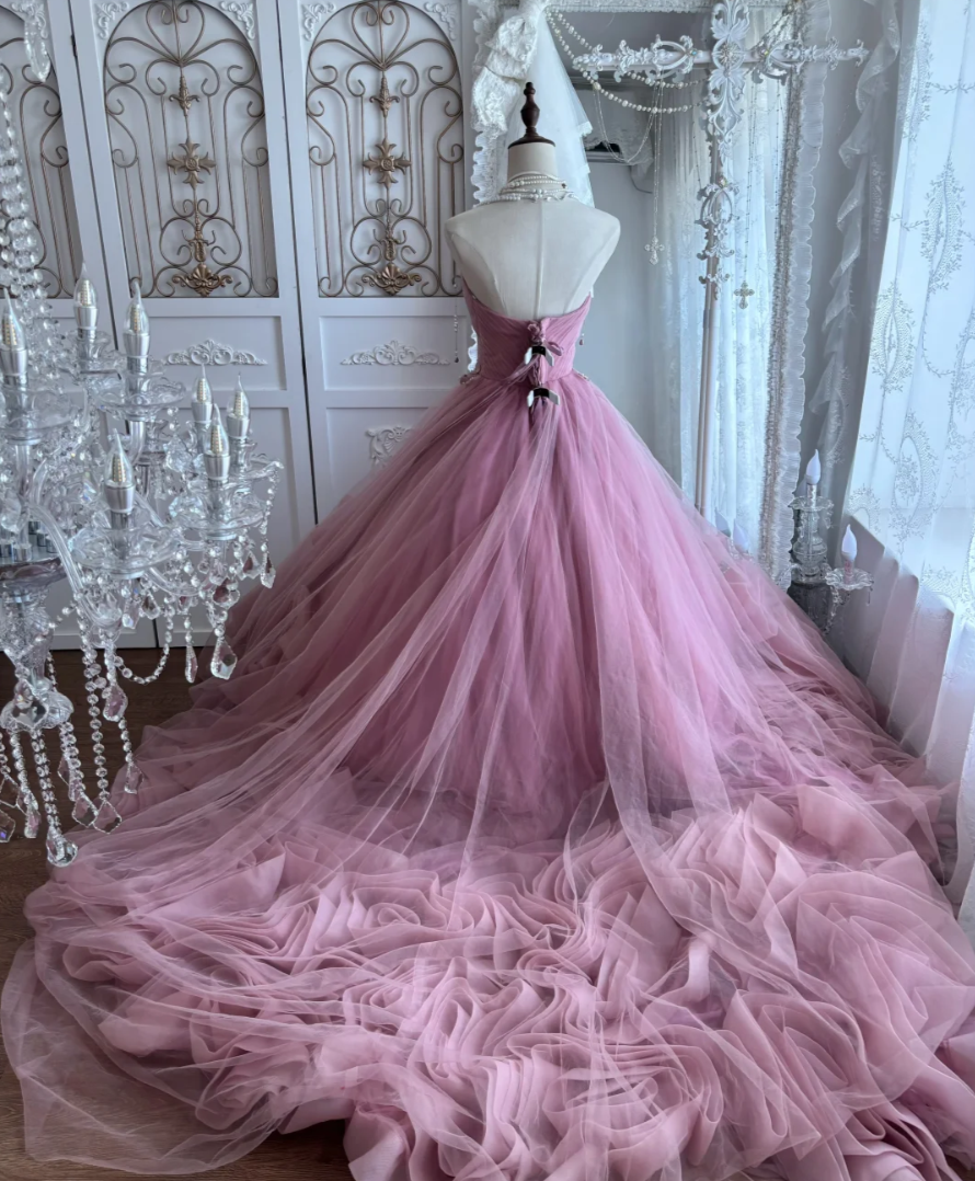Adorable Sweetheart Appliques Prom Dress Pink Ruffles Tulle A-Line Evening Dress GG7362