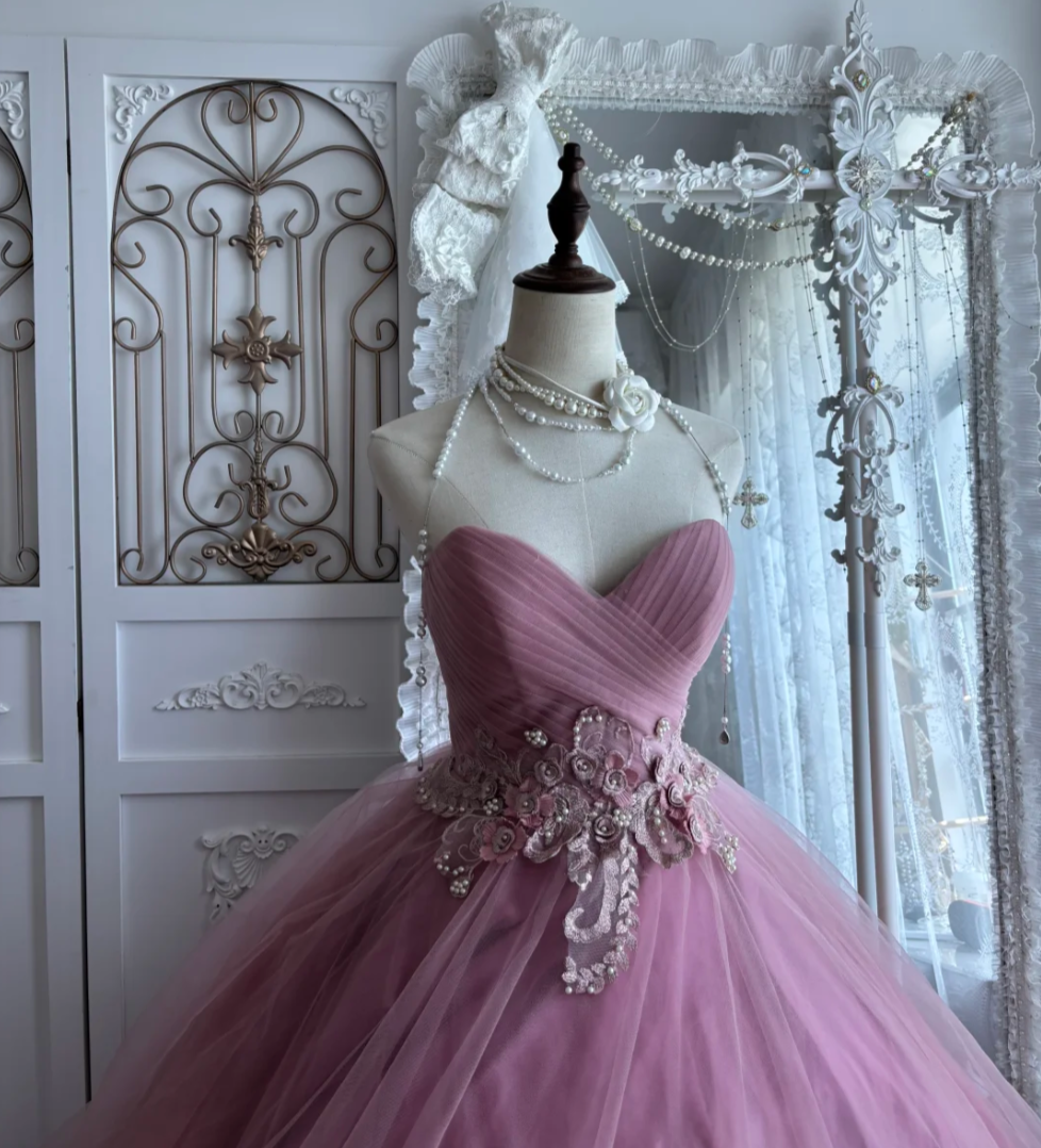 Adorable Sweetheart Appliques Prom Dress Pink Ruffles Tulle A-Line Evening Dress GG7362