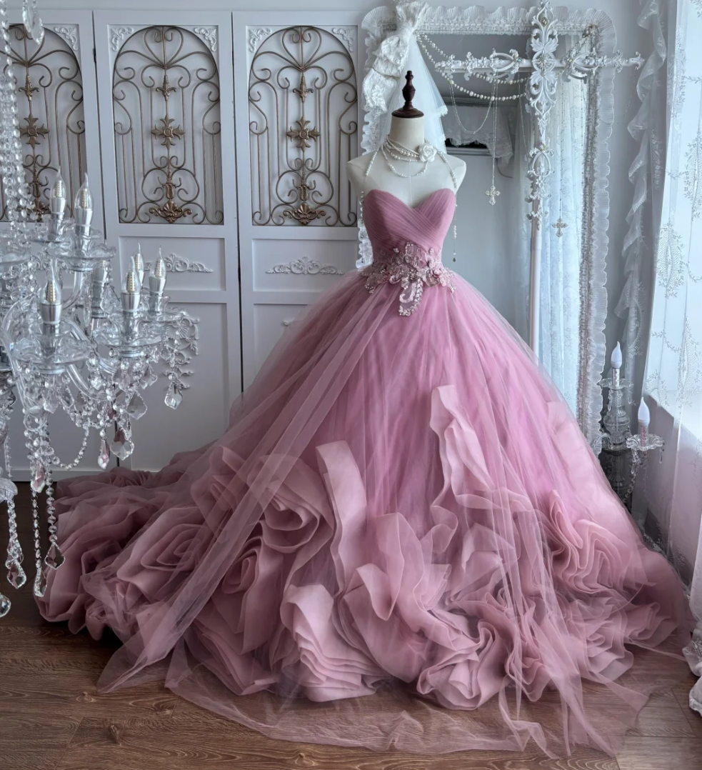 Adorable Sweetheart Appliques Prom Dress Pink Ruffles Tulle A-Line Evening Dress GG7362