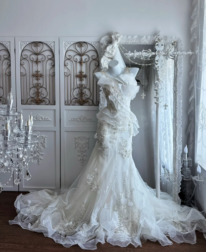 Unique Jewel Neck Beaded Wedding Dress Sequins Ruffles Mermaid Bridal Dress GG7363