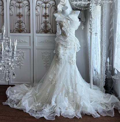 Unique Jewel Neck Beaded Wedding Dress Sequins Ruffles Mermaid Bridal Dress GG7363