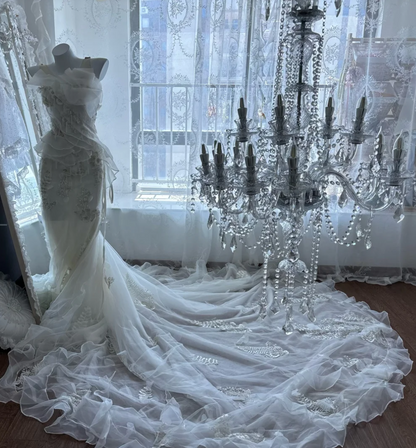 Unique Jewel Neck Beaded Wedding Dress Sequins Ruffles Mermaid Bridal Dress GG7363