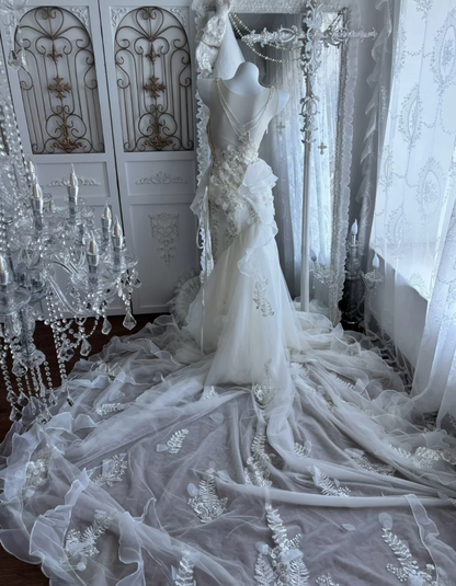Unique Jewel Neck Beaded Wedding Dress Sequins Ruffles Mermaid Bridal Dress GG7363