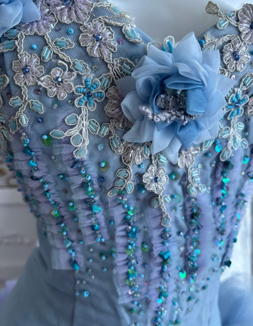Enchanting Sweetheart Blue Prom Dress Beading Handmade Flowers Tulle A-Line Evening Dress GG7364