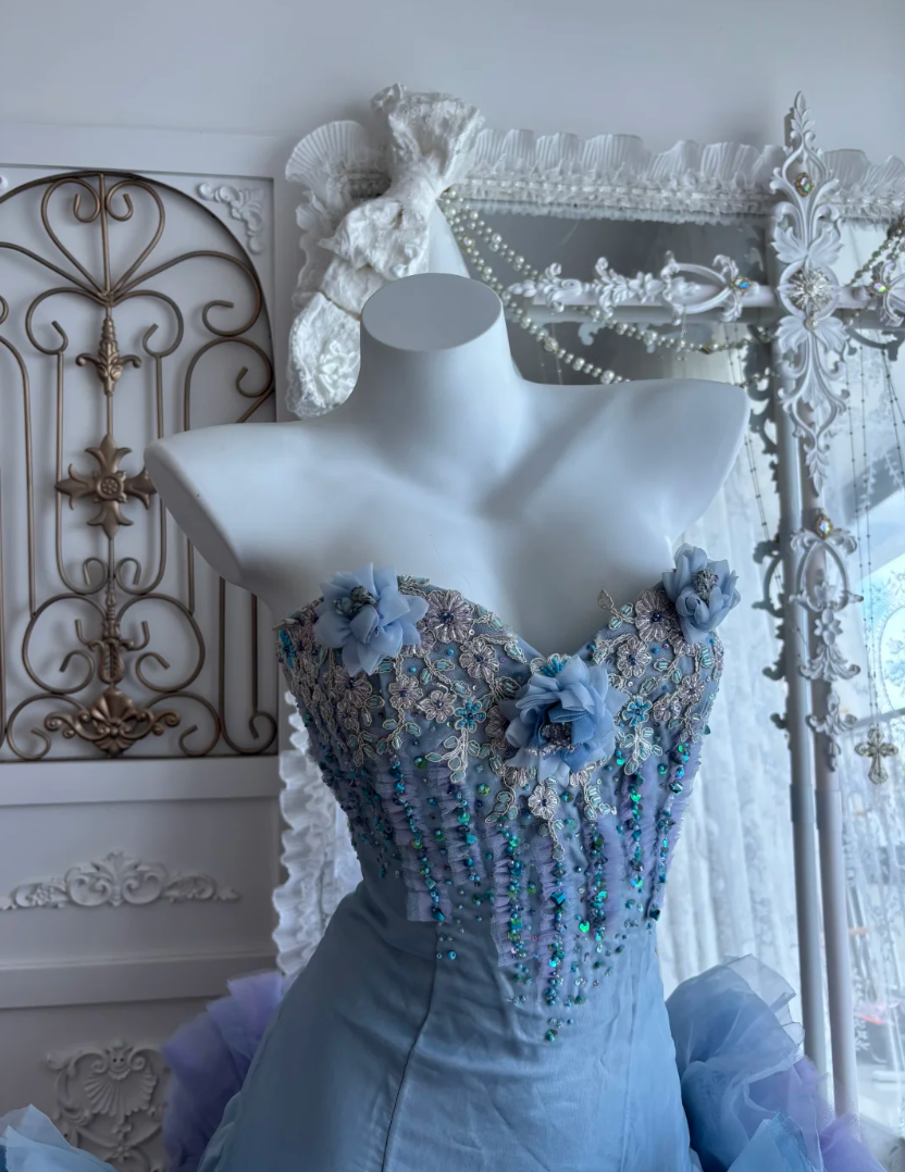 Enchanting Sweetheart Blue Prom Dress Beading Handmade Flowers Tulle A-Line Evening Dress GG7364
