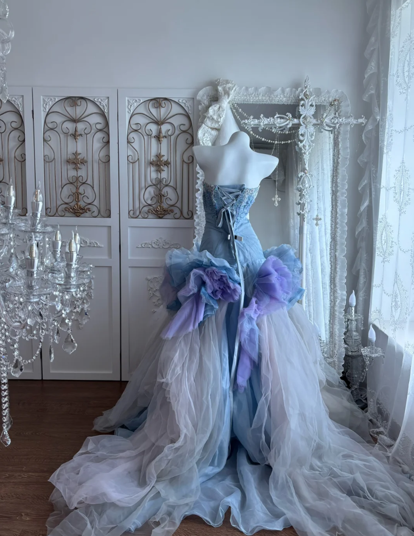 Enchanting Sweetheart Blue Prom Dress Beading Handmade Flowers Tulle A-Line Evening Dress GG7364
