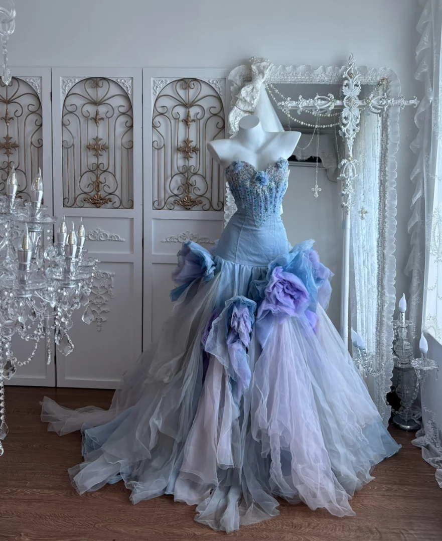 Enchanting Sweetheart Blue Prom Dress Beading Handmade Flowers Tulle A-Line Evening Dress GG7364
