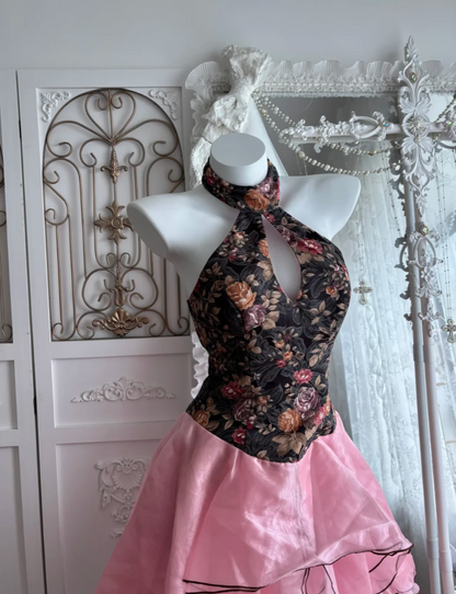 Classical Halter Neck Floral Homecoming Dress Ruffles A-Line Birthday Dress GG7365