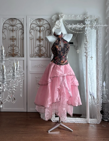 Classical Halter Neck Floral Homecoming Dress Ruffles A-Line Birthday Dress GG7365