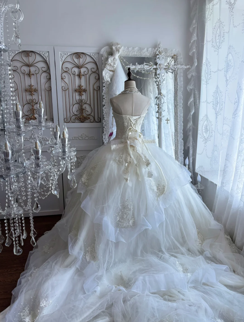 Luxury Strapless Beaded Wedding Dress Appliques Sequins A-Line Bridal Dress GG7366
