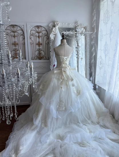 Luxury Strapless Beaded Wedding Dress Appliques Sequins A-Line Bridal Dress GG7366